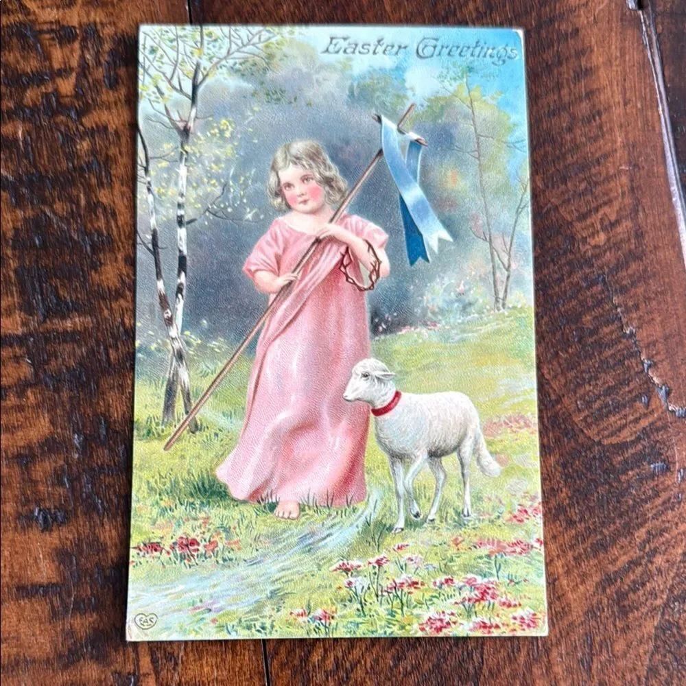 Antique Easter Postcard – Girl with Lamb, Printed in Germany, Unposted 1900s